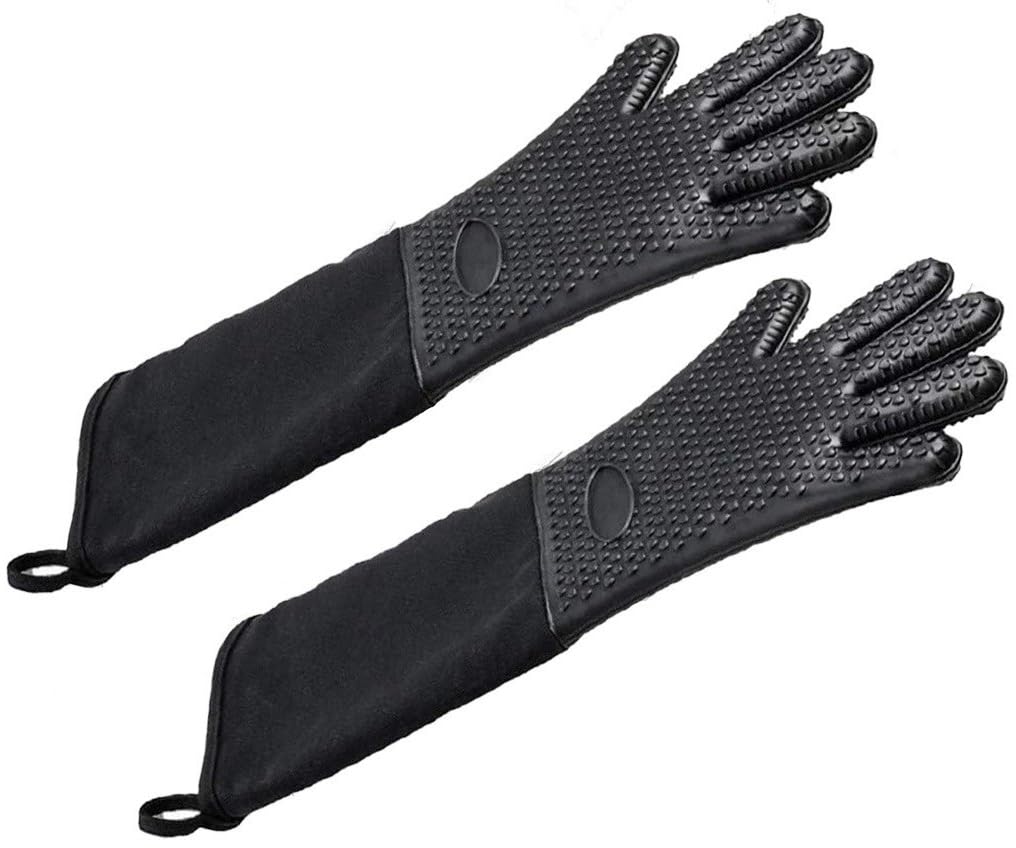 Guantes de silicona extra largos resistentes al calor (20 pulgadas), guantes de horno mejorados con silicona gruesa, antiquemaduras y anticongelante, guantes gruesos con forro de algodón para soportes