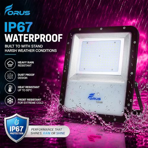 Image of Forus 100W LED Flood Light Outdoor, IP67 Waterproof Wall Mounted Outside Light, High Bright Pink LED Flood Light for Parking, Society, Industrial & Flood Lighting with 4 Year Warranty (1 Pc)