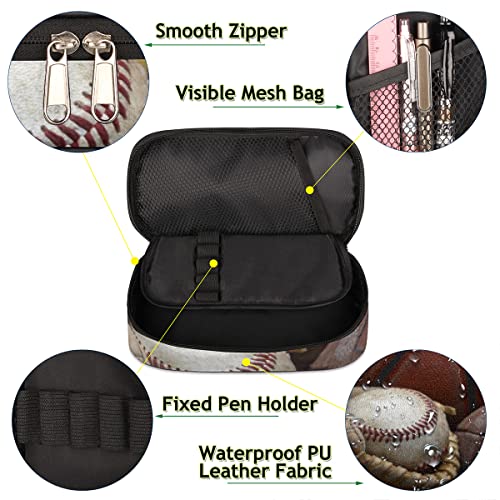 Image of Pardick Old Baseball Big Capacity Pencil Pen Case Gloves Large Pencil Pouch with Zipper Compartments Pencil Bag for Boys Girls Adults Student Office School Supplies
