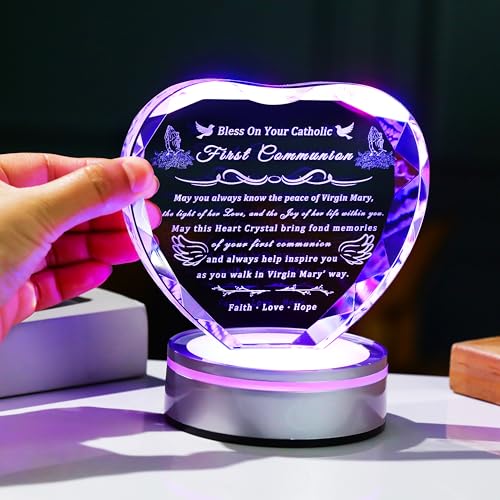 Image of Qianwei First Communion Gifts for Boys Girls, 3D Engraving Crystal Praying Boy John Figurine Virgin Mary First Communion Veil Decoration, Baptism Gifts for Boy Girls Catholic