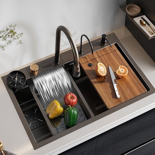 Image of INKSPOT Qimage Kitchen Sink With Anti Scratch Honeycomb Design Integrated Waterfall & Pull-Down Faucet Set /304 Grade Stainless Steel Sink With Cup Washer & Drain Baskets (30X18X9 Inch, Nano Coating)