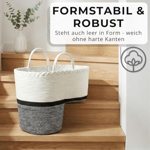 Treppenkorb aus 100% Baumwolle – handgemacht & robust | formstabile Treppentasche & Treppen Korb für Ordnung | Tragegriffe, ideal für Wäsche, Spielzeug & Decken | Treppenkorb Stufenkorb (stair basket)