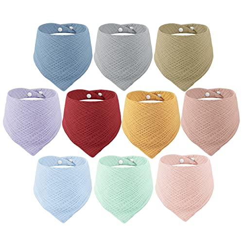 PandaEar 10 Pack Muslin Baby Bibs, 100% Cotton Baby Bandana Drool Bibs for Newborns Unisex Boys Girls, 10 Colors Set Absorbent Bandana Bibs for Teething & Drooling