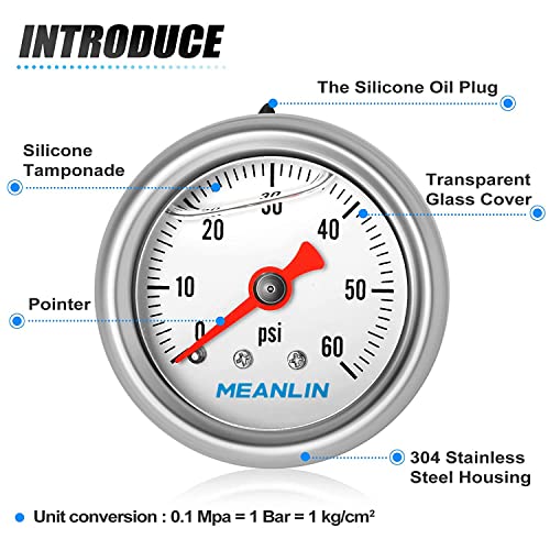 Meanlin Measure 0~60Psi Stainless Steel 1/8" Npt 1.5" Face Dial, Glycerin Filled Fuel Pressure Gauge, Liquid Filled, Water Oil Gas, Back Mount, With 1/8" X 1/4" Npt And 1/8" X 3/8" Npt Hex Bushing #TOP3
