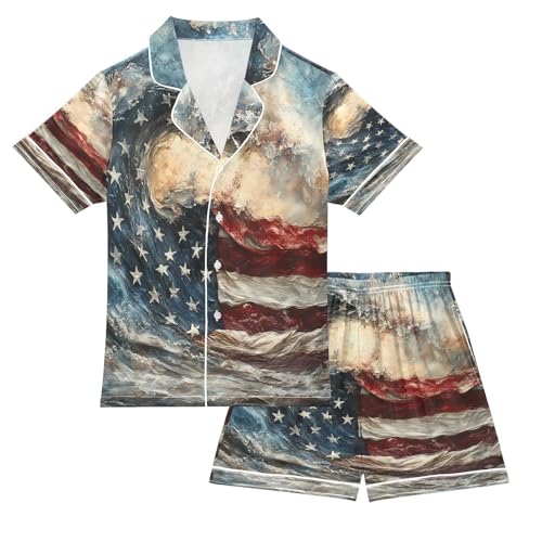 ALAZA American Flag Sea Wave Satin Pajamas Set Short Sleeve Button Down Sleepwear Summer Pjs 2 Piece