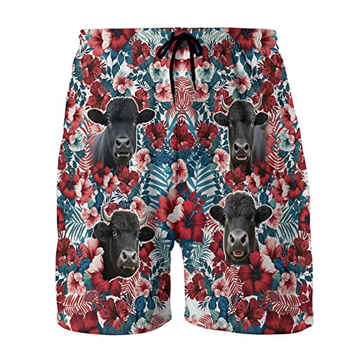 Black Angus Mens Shorts - Floral Cow Hawaiian Shorts for Men - Drawstring Beach Shorts, Mens Swimming Trunks Set 2 Size 2XL