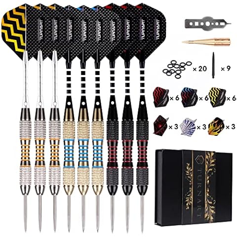 Turnart Dartpfeile Metallspitze 9 Stück 24 Gramm Dartpfeile Profi Dartpfeile Steel Set18 Pfei mit 27 zusätzlichen Flights 20 Anti-Lose Gummiringe Geschenketui (Gold) Cover
