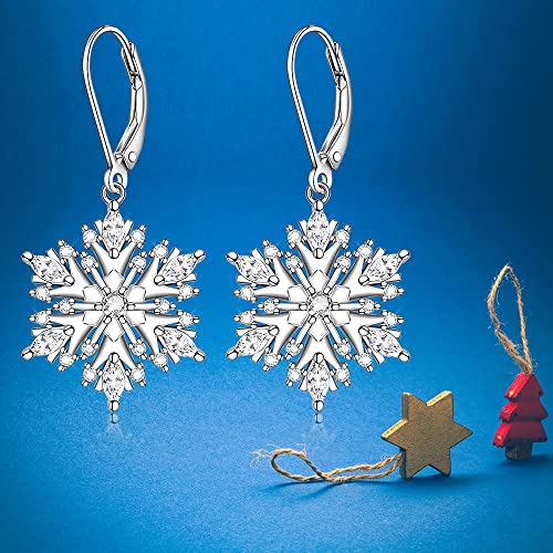 Snowflake Earrings For Women Girls Sterling Silver Christmas Hypoallergenic Leverback Drop Dangle Earrings Sensitive Ears Winter Frozen Flower Holiday Jewelry #TOP3