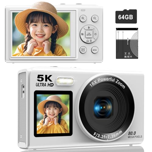 デジカメ5K動画8000万画素 30FPS デジタルカメラ WIFI転送機能64GB TFカード付き 自撮り18Xデジタルズーム前 2.8インチ 後ろ1.5インチIPSスクリーン AFオートフォーカス 充電式YouTubeカメラ 初心者向け ウェブカメラ 子供用 誕生日 VLOG クリスマス 新年 軽量 携帯便利 日本語説明書