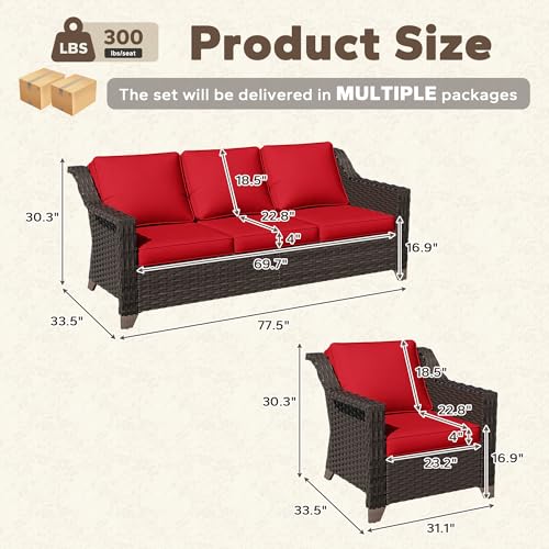 Image of 5 Piece Patio Furniture Set, Wicker Outdoor Conversation Set | Patio Chair Set with Olefin Removable Cushion, All-Weather Outdoor Couch with Deep Seat for Porch, Deck and Backyard, Red