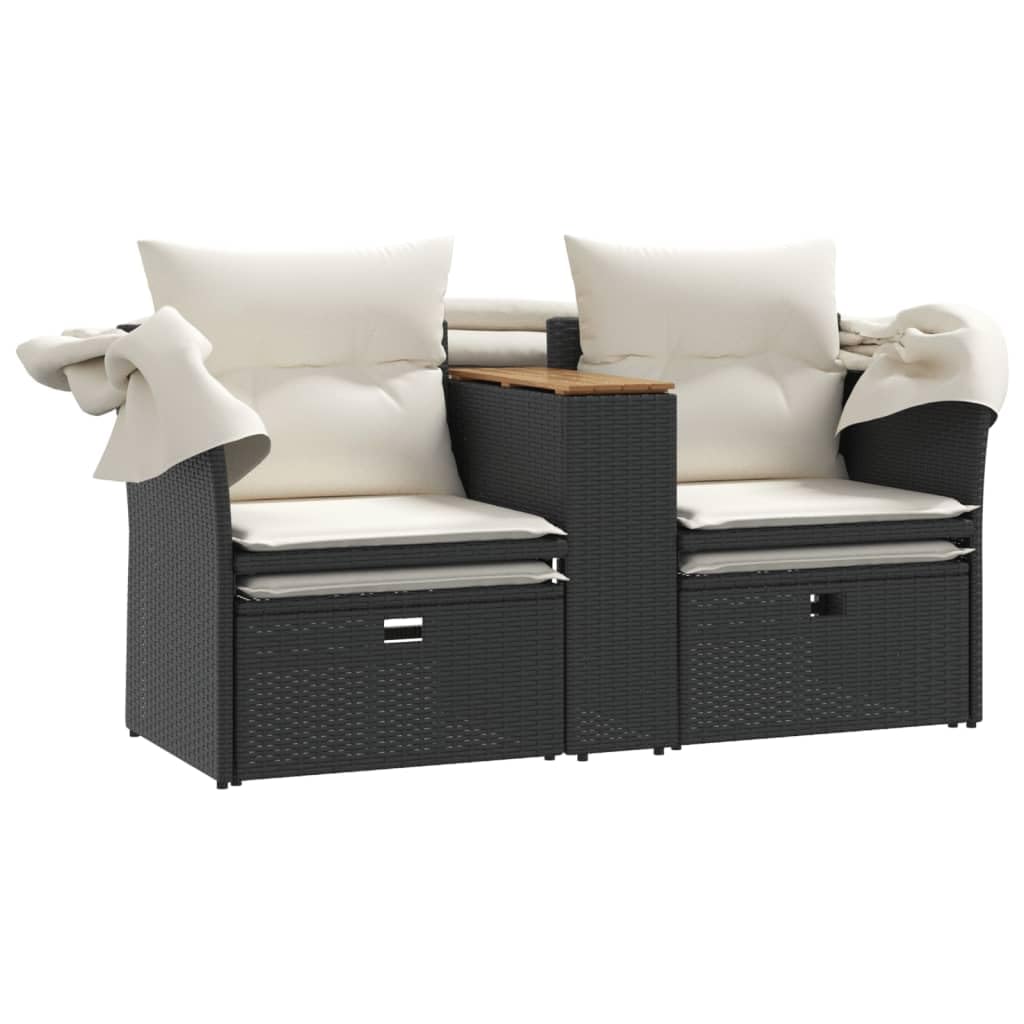 Hommdiy Gartensofa,Gartenlounge Outdoor,Sonnenliege Gartenliege Balkon,Doppelliege 2-Sitzer mit Dach und Hockern Schwarz Poly Rattan