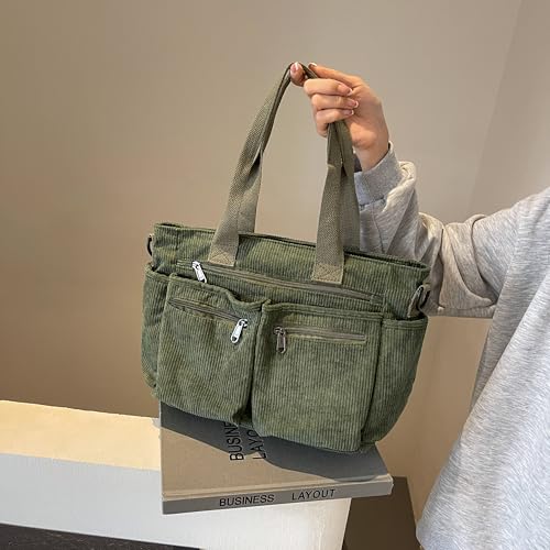 Image of YDF Corduroy Tote Bag for Women Crossbody Purse with Zipper, Aesthetic Multi Pocket Work School Bag, Gifts for Mom Teacher