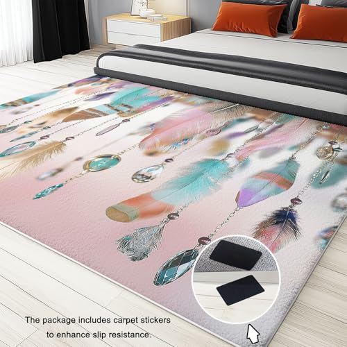 Tapis salon entrée interieur antidérapant motif plumes bohèmes tapis doux lavable
