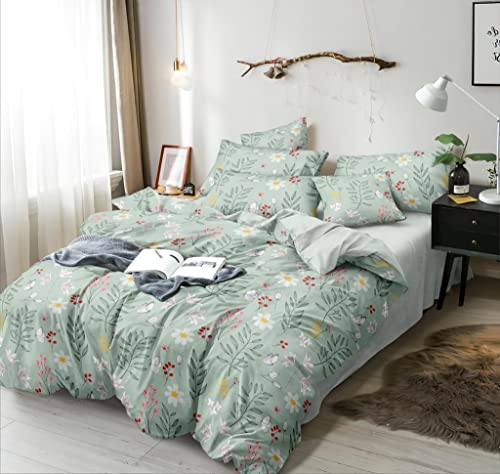 THE HOME STYLE Cotton Feel Glace Cotton Elastic Fitted Printed King Size Double Bed Bedsheet with 2 Pillow Cover 300 Threadcount 72"X78", Pastel Hydrangea Bloom, Green, Upto 350 tc