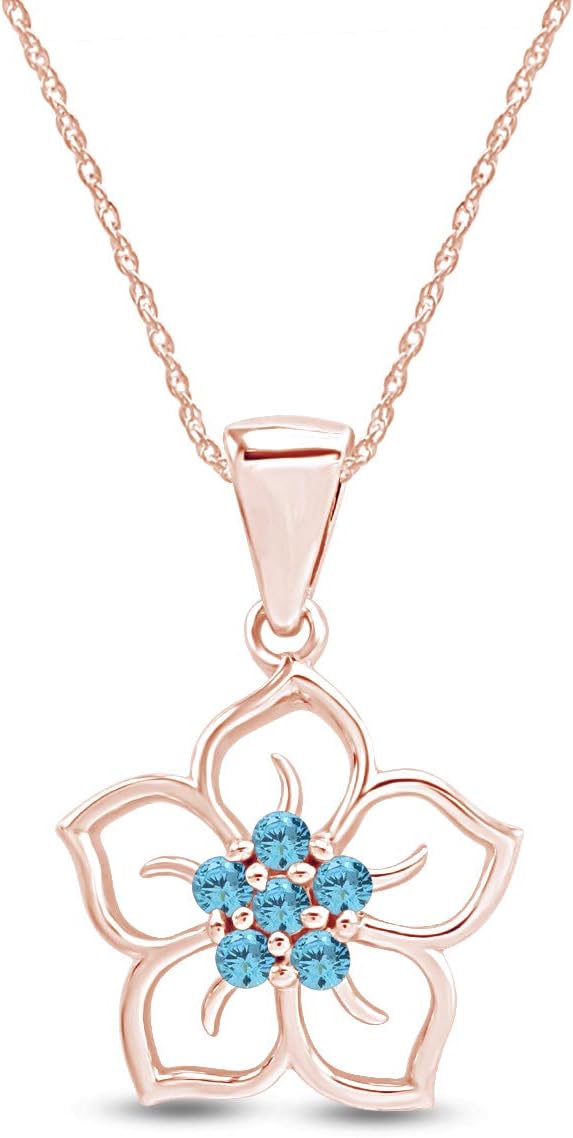 AFFY Round Cut Simulated Aquamarine Flower Pendant Necklace in 14k Gold Over Sterling Silver