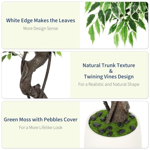 GarveeHome Artificial Ficus Tree for Home Decor Indoor,4FT Faux Floor Tree White Imitation Ceramic Planter, Indoor Outdoor Lifelike Fake Ficus Tree with Pebbles & Green Fake Moss for Office