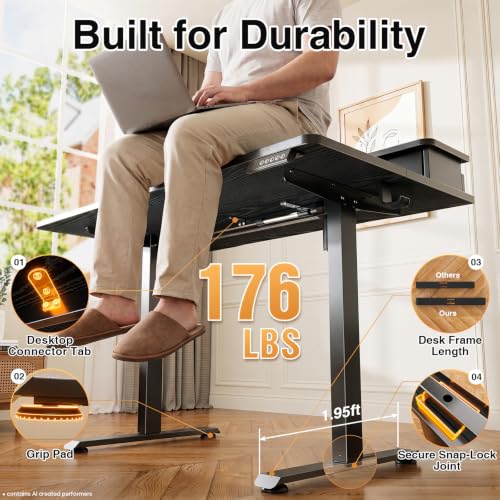 Image of Veken 55x26 in Electric Standing Desk with Drawers, Adjustable Table, Black | Stand up Computer Desk for Home Office, Work & Study, with Storage, 3 Memory Presets, Cable Organizer, Hook, and Quiet Lift.