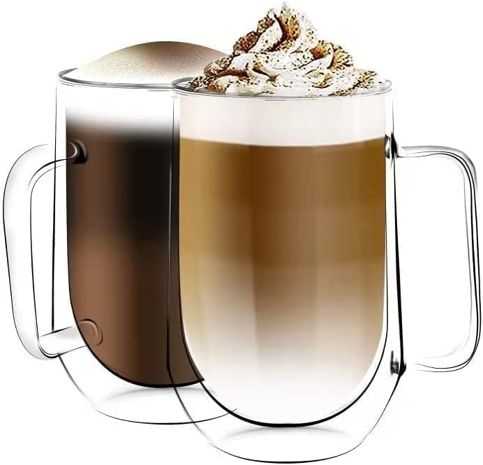 [6-Pack, 12Oz]DESIGN•MASTER - Premium Oval Double Wall Insulated Glass with Handle, Coffee or Tea Glass Mugs, Temperature Isolated Glass, Perfect for Latte, Cappuccino, Americano, Tea and Beverages