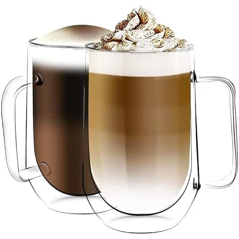 [2-Pack, 350ml] Design•Master - Premium Oval Double Wall Insulated Glass with Handle, Coffee or Tea Glass Mugs, Temperature Isolated Glass, Perfect for Latte, Cappuccino, Americano, Tea and Beverages… Cover