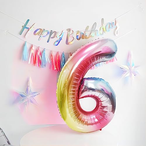 Image of 40 Inch Giant Rainbow Number 6 Balloons, Birthday Balloons, Helium Mylar Foil Big Number Balloons for Birthday Party Decorations, Kids' Birthday Anniversary Party Baby Shower Unicorn Parties