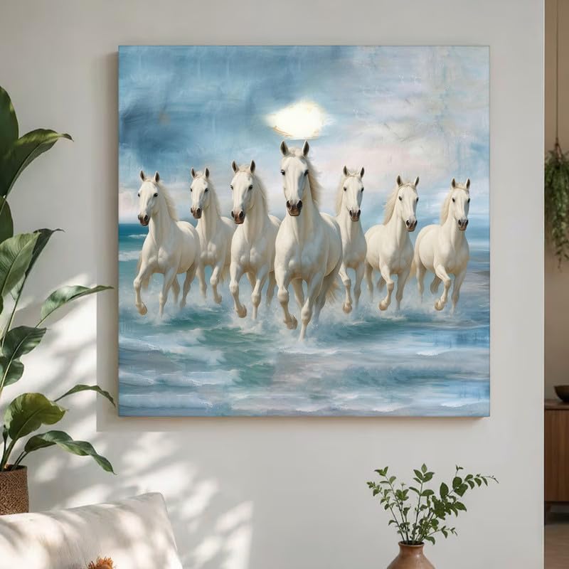 Image of PAINTINGMANTRA 7 White Running Horses Canvas Wall Art Painting For Living Room|Seven Running Horses Vastu Feng Shui Stretched Canvas Painting For Bed Room, Home & Office, 22x22 Inch