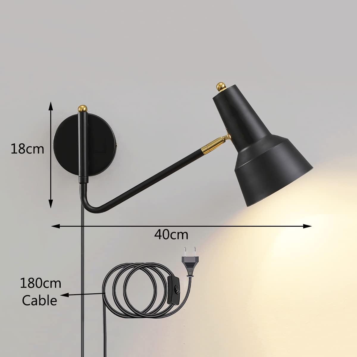 EaEa Aplique de Pared de Cabecera Brazo Largo Ajustable con Interruptor y Enchufe, Retro Lámpara de Pared de Dormitorio Luces de Lectura con Cable de 1,8 M, para Salon, Oficina, Pasillo, E27,Negro