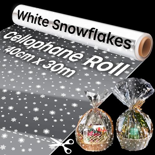 Papel Celofan Transparente (40cm x 30m) - 1 Rollo Papel Celofan Patrón Copos de Nieve,Papel Transparente para Envolver Regalos, Ramos de flores, Canastas de Frutas, Repostería y Navidad Regalos