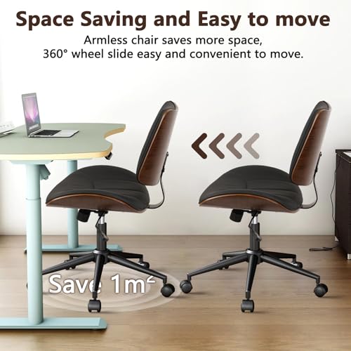 Image of CLATINA Office Chair Armless with Wheels, Mid-Century Modern Walnut Desk Chair, Adjustable Height Reading Chair, PU Leather Mid Back & Swivel Computer Chairs for Home Meeting Room Bedroom, Black(1 PK)