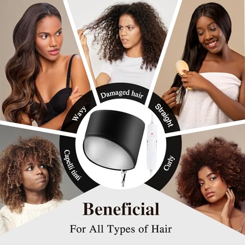 Heated Electric Thermal Steamer Cap for Natural Black Afro Hair - Hot Spa Treatment Hat with Temperature Control for Deep Conditioning at Home - Black - Thumbnail 6