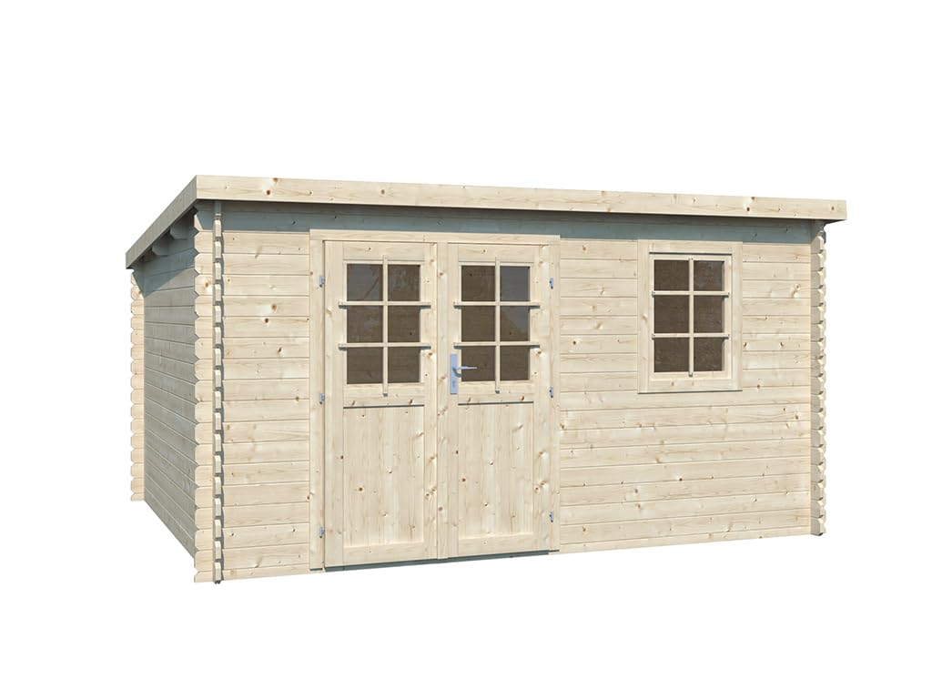 Blockbohlenhaus | 28 mm Wandstärke | BxTxH: 398 x 309 x 204 cm | Doppeltür mit Echtglas | Sockelmaß: 398 x 298 cm | Fichte | Naturbelassen | wetterfest