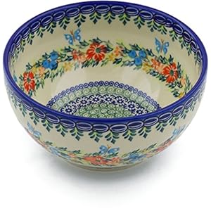 Polish Pottery 7½-inch Bowl (Red Cornflower And Blue Butterflies Theme) Signature UNIKAT + Certificate of Authenticity