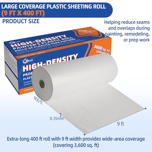 Image of High-Density Plastic Sheeting Roll 9 ft x 400 ft, 0.35 Mil Clear Painter's Plastic Drop Cloth for Paint Overspray, Dust & Renovation Protection - Floor, Furniture & Window Cover