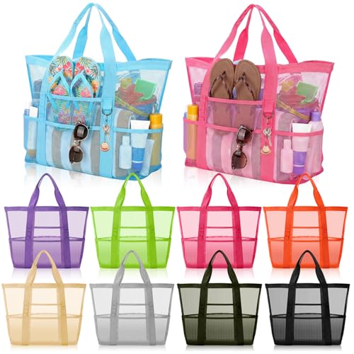 Hsei 10 Pack Mesh Beach Bags Bulk for Women Waterproof Large Pool Tote Bag with Pockets & Handles Travel Vacation Cruise Camping Gym