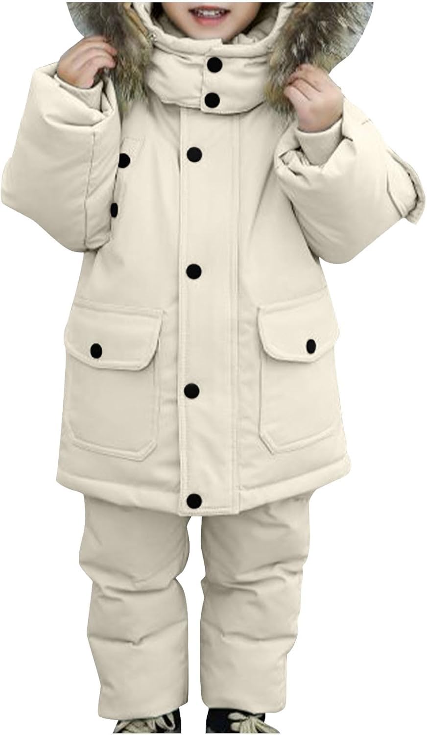 Niños de dos piezas traje de nieve Niños pequeños y niñas de invierno con capucha babero chaqueta pantalones babero de nieve Niños engrosada mochila pantalones mono traje de esquí