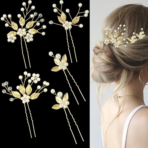 5 Pieces Bride Hair Pins Pearl Bridal Hair Piece for Women Sparkly Gold Leaf Crystal Hair Accessories for Bride Bridesmaids Flower Girls(Gold)