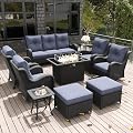 LayinSun 10 Pieces Outdoor Patio Furniture Set with Fire Pit Table, Rattan Wicker Sectional Swivel Rocker Chairs Sets with Ottomans, Swivel Glider Chairs, Single Chairs and Coffee Table