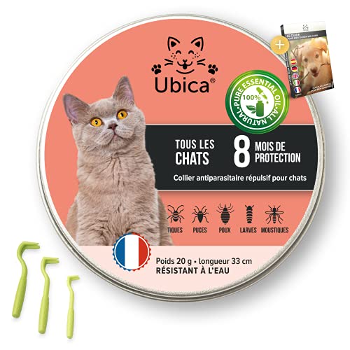 Ubica® Collar Antiparasitario Gatos - Collar Antipulgas Gatos - Anti Pulgas Gatos - Fórmula a Base de Aceites Esenciales de Menta - 100% Resistente AL Agua - 3 Pinzas para Garrapatas Regalo Cover