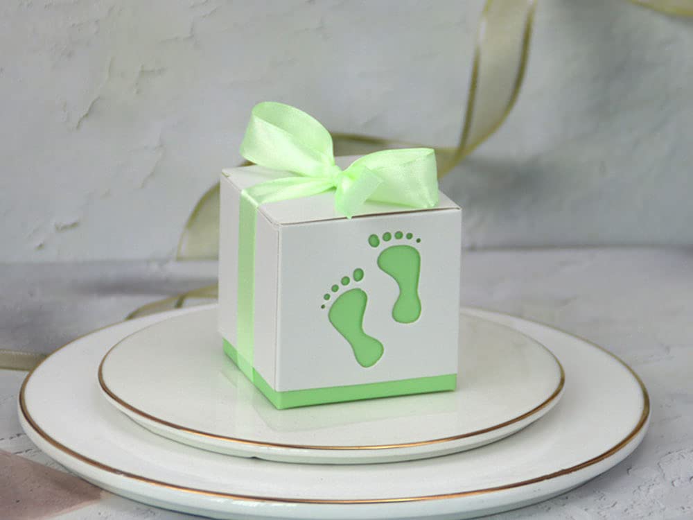 100 cajas de regalo, caja de dulces con huella de bebé, caja de bautizo de bebé con cinta, caja de bombones, caja de regalo para baby shower, cumpleaños, boda, bautizo, nacimiento, fiesta, verde