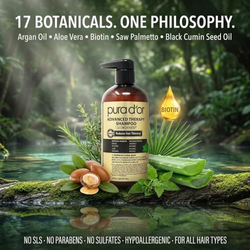 Image of PURA D'OR Advanced Therapy Shampoo Reduces Hair Thinning & Increases Volume, No SLS, Biotin Shampoo Infused w /Argan Oil, Aloe Vera for All Hair Types, Men & Women, Invigorating Forest Scent 16 Fl Oz