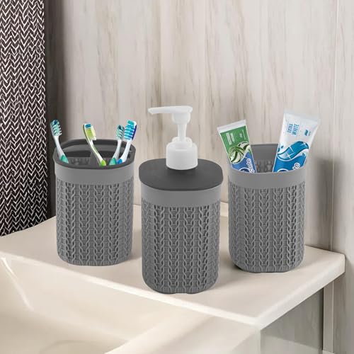 Kuber Industries Plastic Bathroom Accessories Set of 3 | Toothbrush Stand for Bathroom | Handwash Dispenser Bottle for Kitchen | Brush Holder for Wash Basin | Mouth Wash Tumbler Organiser | Grey