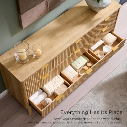 Image of T4TREAM 63 inch Wide Fluted 9 Drawer Dresser for Bedroom, Natural Oak | Mid Century Modern, Curved Profile, Metal Handles, Anti-tip Kit, Smooth Slides, for Living Room, Hallway