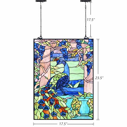Bieye W10095 Peacock in Garden Tiffany Style Stained Glass Window Panel for Home Decor (Blue, 17.5Wx23.75H Rectangular)
