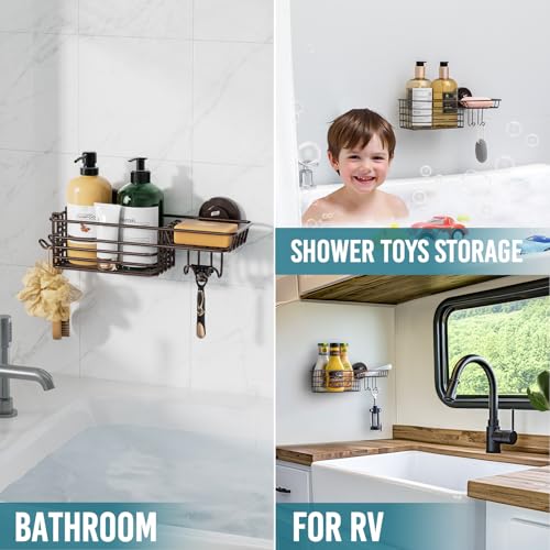 Image of TAILI Shower Caddy Suction Cup with Hooks & Soap Holder, Brown Shower Shelf