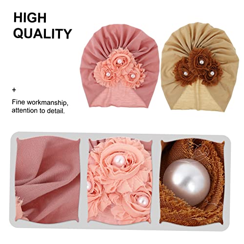 2Pcs Cotton Turban Hats Stylish Flower Design All Match Beanie for Boys Comfortable Washable Headwear for Parties Daily Use Pink4