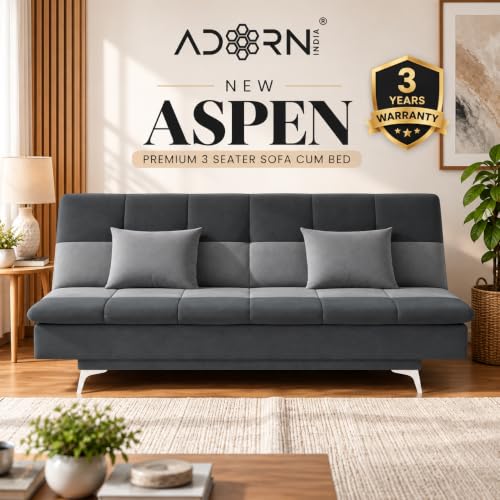 Adorn India Premium New Aspen 3 Seater Sofa Cum Bed 4×6 | Velvet Suede Fabric | Convertible Sofa Bed for Living Room | 2 Cushions | Color Dark Grey & Grey | 3 Years Warranty