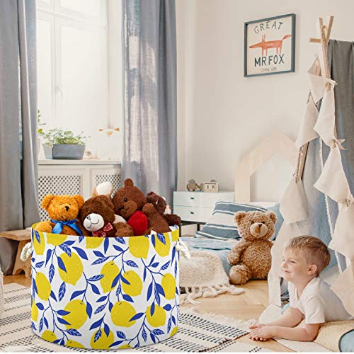 Image of visesunny Storage Basket Yellow Lemon With Blue Leaf Nursery Hamper Canvas Fabric Toy Storage Organizer Bin Storage Box Laundry Basket for Kid Rooms,Playroom,Shelves,Toy Basket,Gift Basket