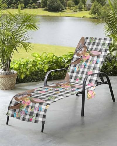 Easter Buffalo Black Beach Chair Towel Covers for Chaise Lounge with Side Pocket, Soft Plush Pool Towels Cover for Patio Sunbathing Outdoor 29''x85'' Vintage Country Check White Bunny Plant