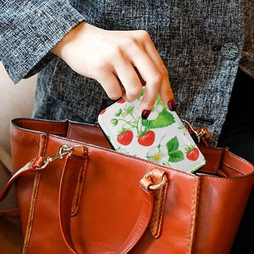 Small RFID Credit Card Holder Wallet with Zipper, Leather Wallet Case for Women Watercolor Strawberries4