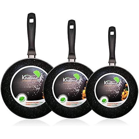 WECOOK Khalma Set of 3 Induction Frying Pans 20-24-28 cm Aluminium, Non-Stick Eco-Friendly Stone Without PFOA, Suitable for All Cookers, Ceramic Hobs, Gas, Dishwasher, Multicoloured Cover