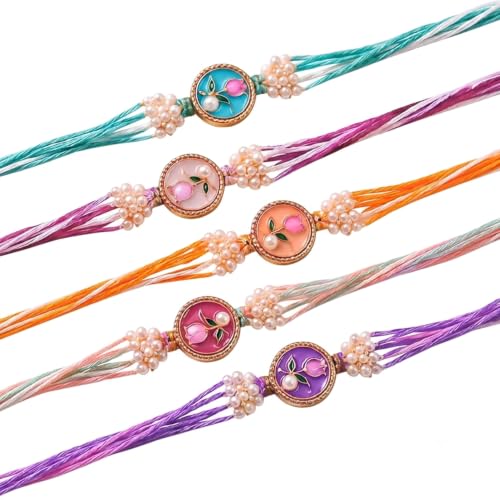 Image of ascension Set of 5 Floral Designer Rakhi Set for Brother, Bhai Combo for Bhaiya & Sister Bracelet with Roli Tilak & You are My Hero Fridge Magnet for Raksha Bandhan Gift